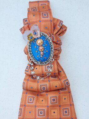 Statement Necktie Necklace with Handcrafted Brooch